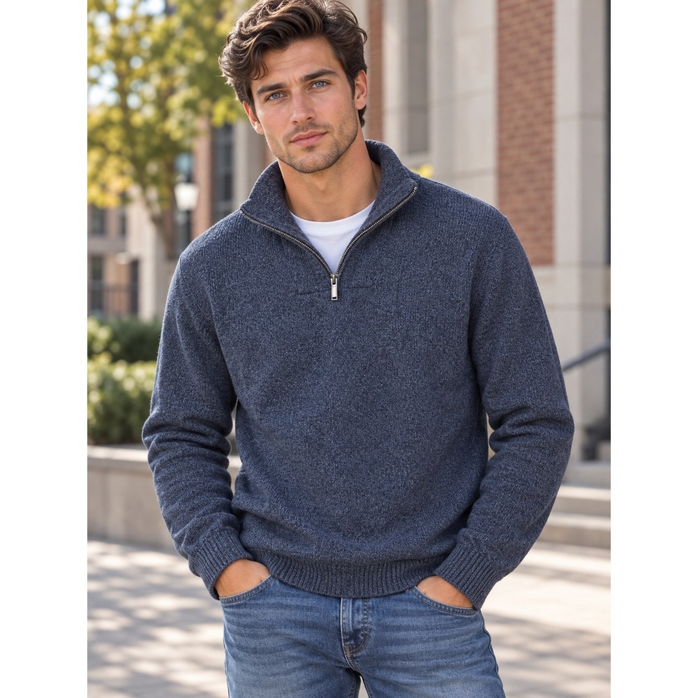 Calvin Klein Jeans Mens Blue Marl Quarter Zip Mock Neck Sweater Large